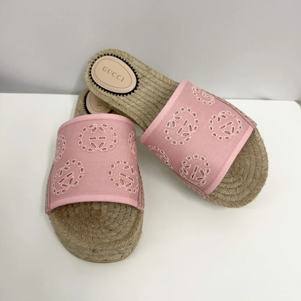 Gucci Damita GG Logo PINK Espadrille Shoes NIB 2 Sleeper Sacs 38 1/2 8 1/2